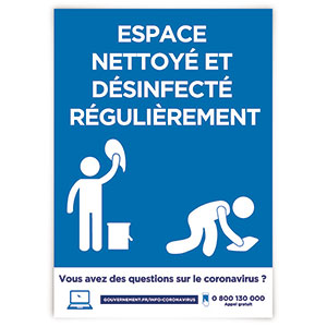 Affiche « Espace nettoyé et désinfecté régulièrement » par RapidoPub !