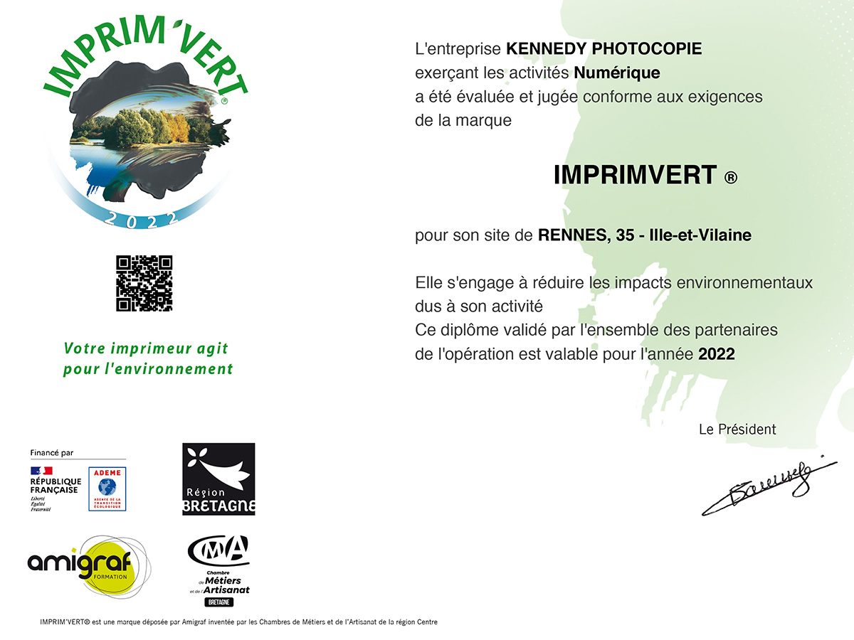 La nouvelle certification « Imprim'Vert® 2022 » pour Kennedy Photocopie !