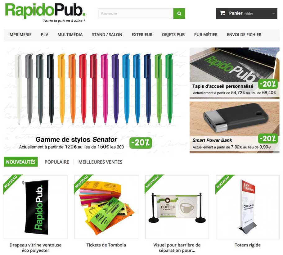 Sur RapidoPub, nous vous proposons plus de 1000 produits publicitaire en ligne régulièrement mis à jour !